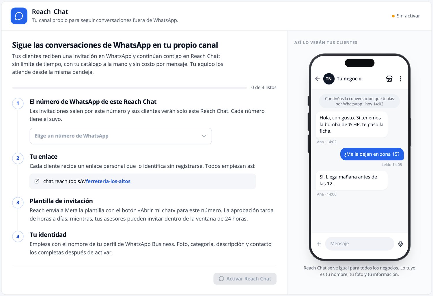 Reach Chat activation screen in Reach Tools