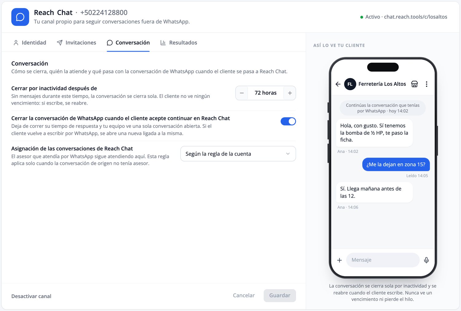 Conversation tab with closing rules and WhatsApp integration