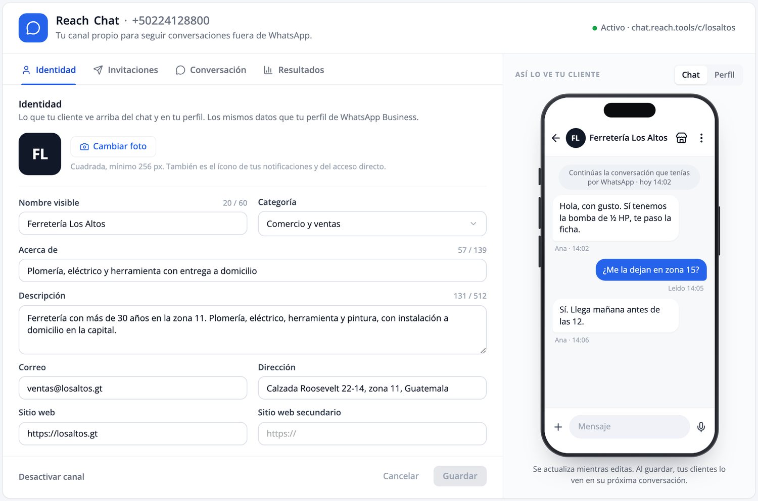 Identity tab with a live chat preview